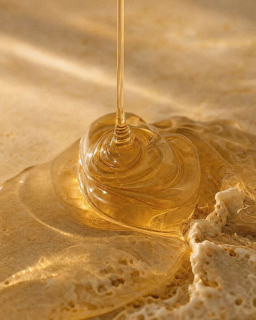 Un hilo de sérum dorado se extiende sobre piedra travertino